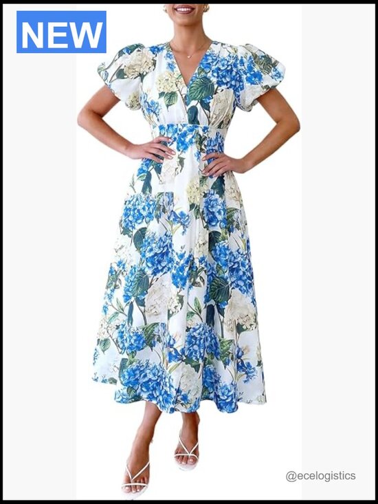 Dresses & Skirts - Bohemian Floral Maxi Dress V-Neck A-Line Elastic Waist Summer Wedding Guest
